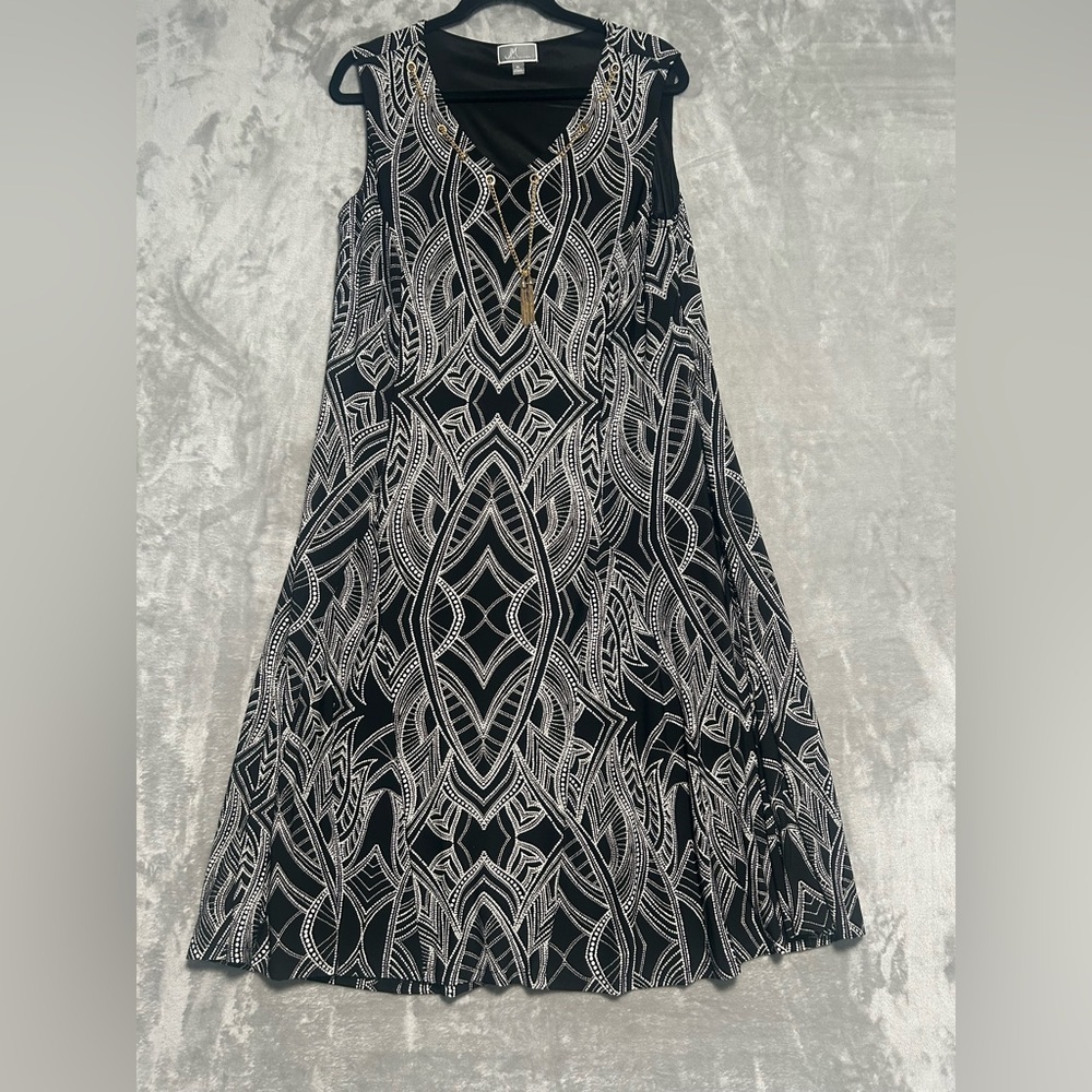 JM Collection Career Midi Dress Women’s XL Black White Sleeveless Gold Chains